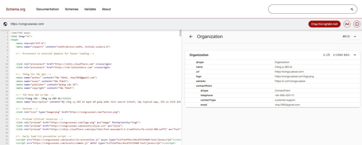 Sử dụng validator.schema.org để kiểm tra đã khai báo schema đã đúng chưa