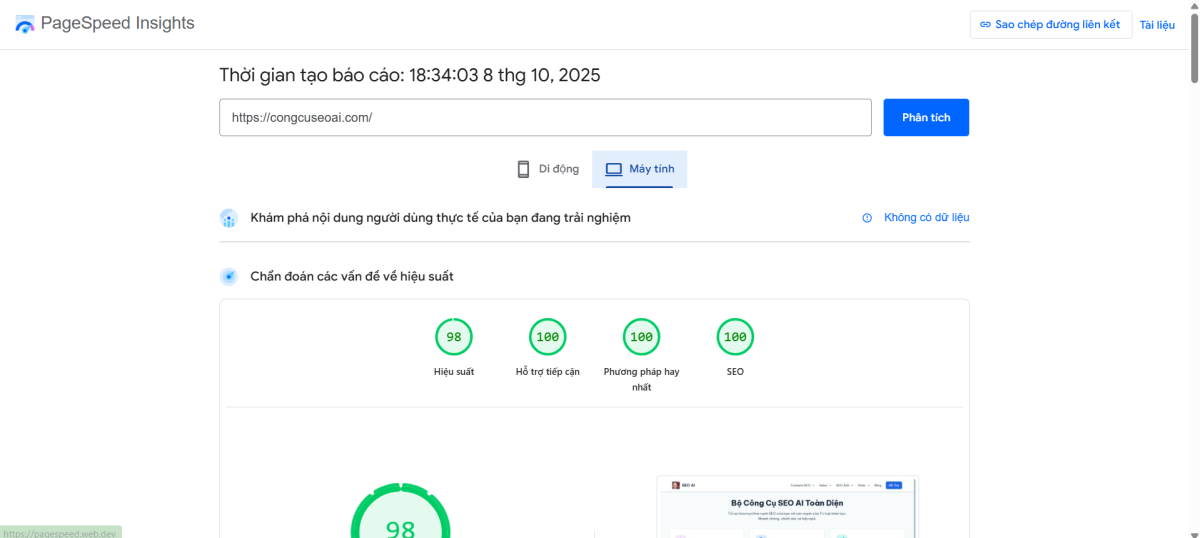 Kiểm tra tốc độ tải trang bằng công cụ PageSpeed Insight của Google