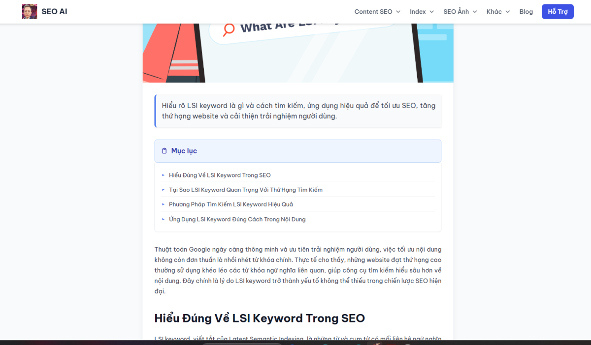 Mục lục nội dung tại các trang bài viết của Công Cụ SEO AI