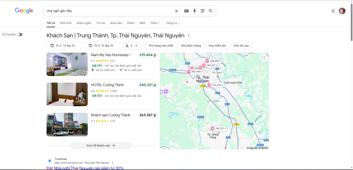 Kết quả tìm kiếm nhà nghỉ gần khu vực của bạn sẽ hiển thị nổi bật trên khung Google Snack Pack