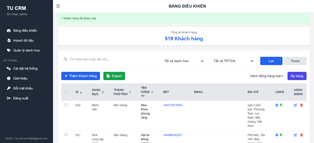 Sau khi đăng nhập, giao diện trang chính là thông tin danh sách khách hàng