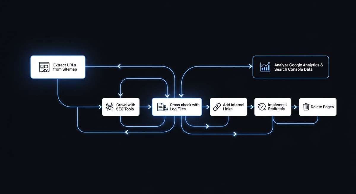 Quy trình từ phát hiện đến khắc phục Orphan Pages bằng các công cụ SEO và chiến lược liên kết nội bộ.