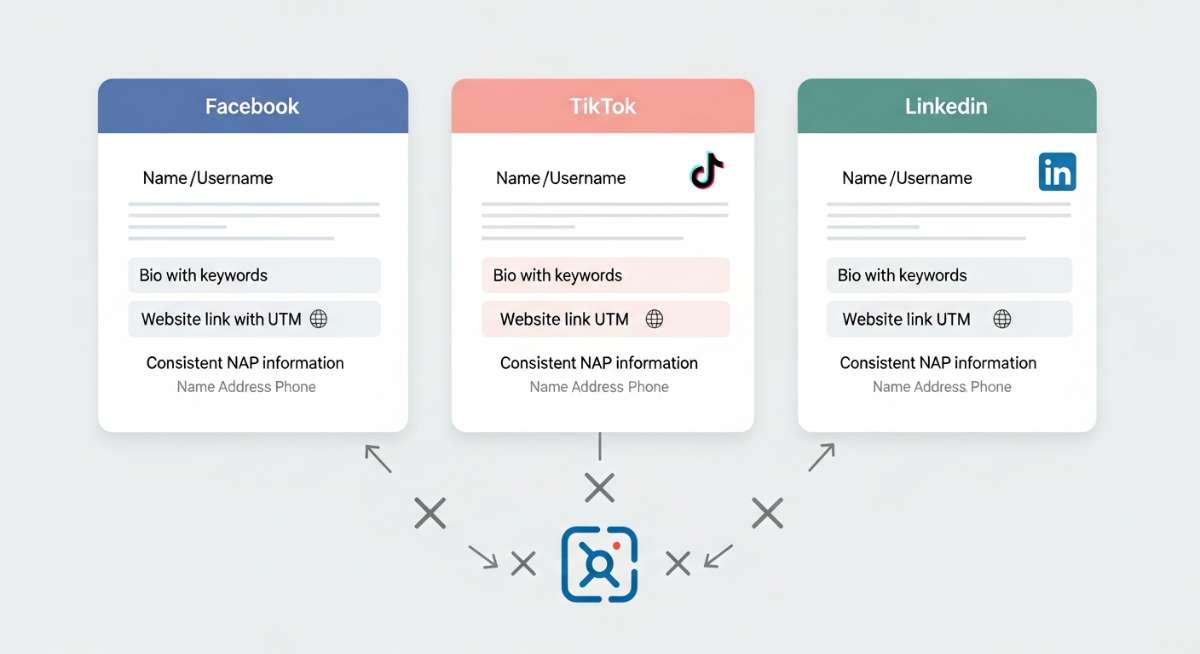 các trường thông tin quan trọng cần đồng bộ: tên, bio, link, NAP để Google dễ ghép nối entity.