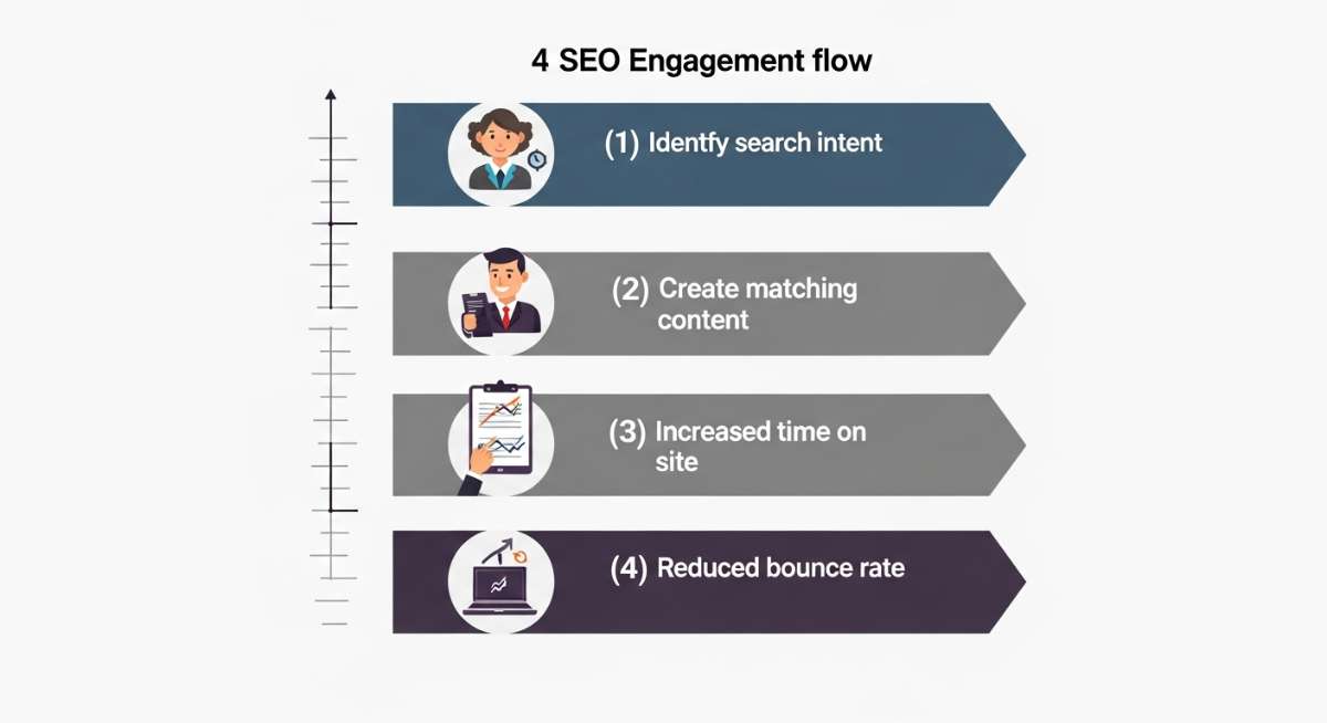 Chuỗi tác động từ search intent đúng → nội dung phù hợp → time on site tăng → bounce rate giảm.