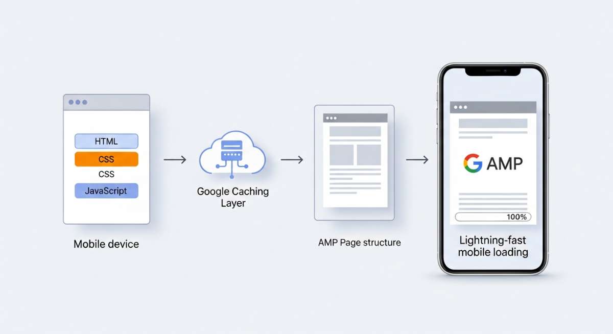 Cách AMP tối giản mã và sử dụng Google cache để đạt tốc độ tải 1–2 giây.