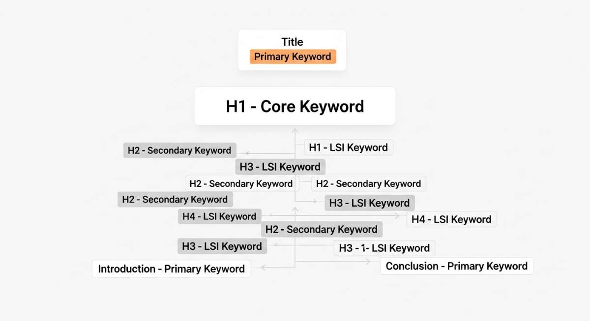 Ph&acirc;n bổ từ kh&oacute;a ch&iacute;nh v&agrave; phụ v&agrave;o Title, H1, H2, H3 v&agrave; nội dung để tăng khả năng xếp hạng