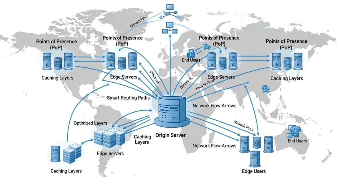 kiến trúc CDN với các thành phần chính: máy chủ gốc, PoP và máy chủ biên