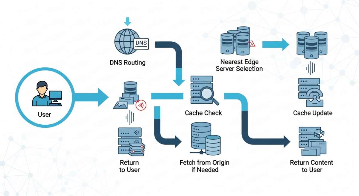 Quy trình hoạt động của CDN từ lúc người dùng gửi yêu cầu đến khi nhận được nội dung tối ưu