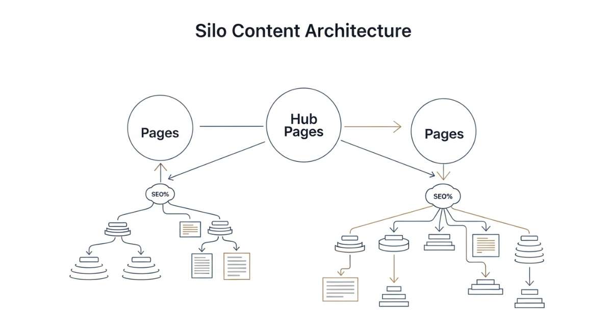 kiến trúc silo thể hiện cách hub page phân phối Link Juice cho các trang con trong cùng chủ đề