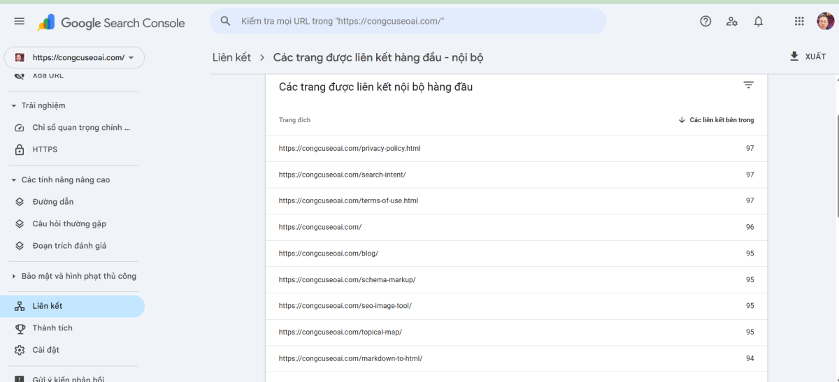 Sử dụng Google Search Console để kiểm tra các liên kệ nội bộ hàng đầu