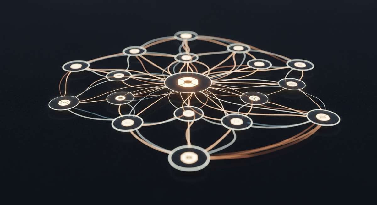 A pillar page at the center of a topic cluster network with multiple subtopic nodes; strong semantic connections visualized by glowing lines; authoritative, structured, high-quality digital infographic style, 16:9.