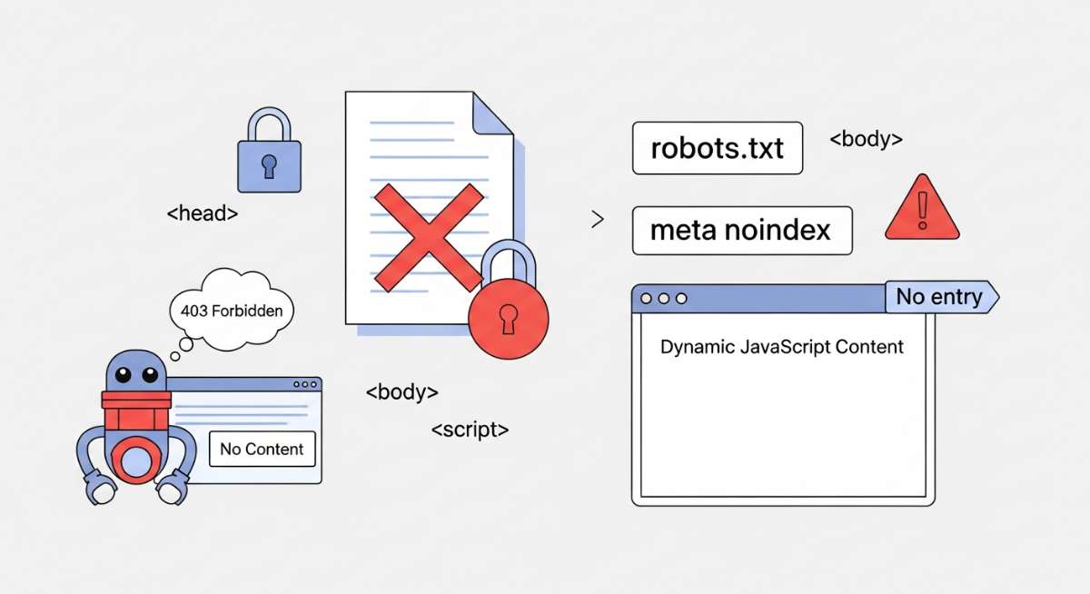 Sai cấu hình robots.txt, thẻ noindex và nội dung JavaScript rendering gây cản trở quá trình thu thập dữ liệu của Google