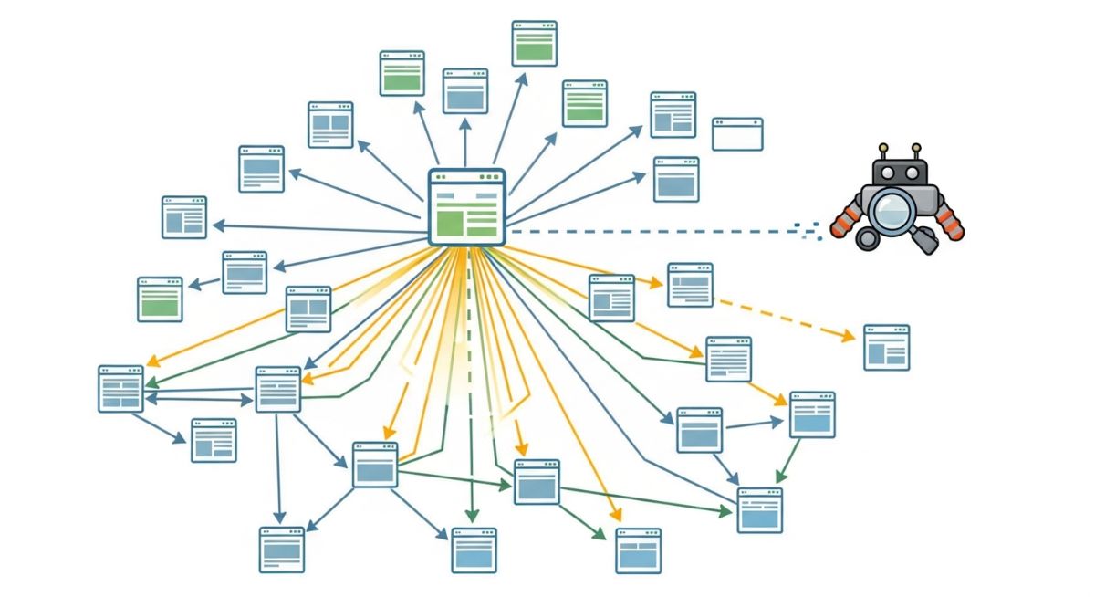 Hệ thống liên kết nội bộ chiến lược tạo đường dẫn giúp Googlebot phát hiện và index nội dung mới nhanh hơn