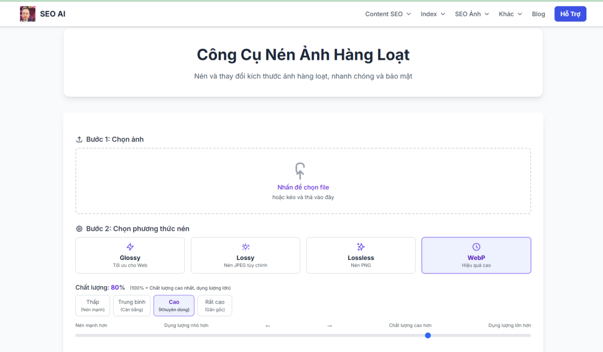 Giao diện công cụ nén ảnh hàng loạt tại Công Cụ SEO AI
