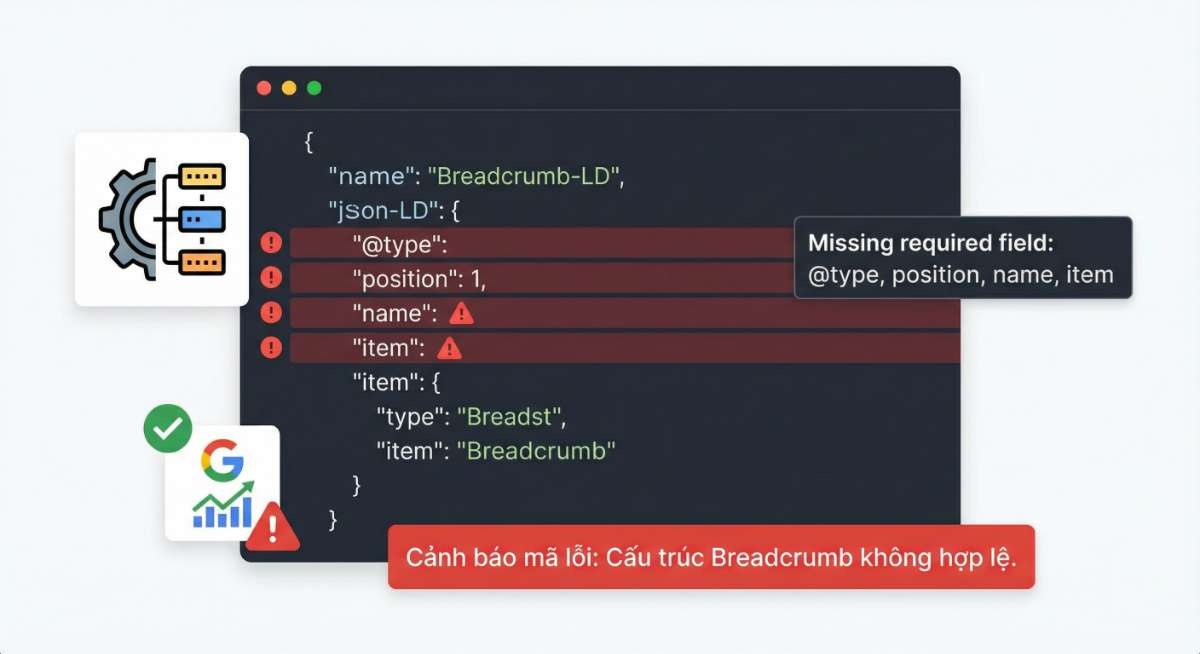 Sai sót trong schema khiến breadcrumb không hiển thị trên Google