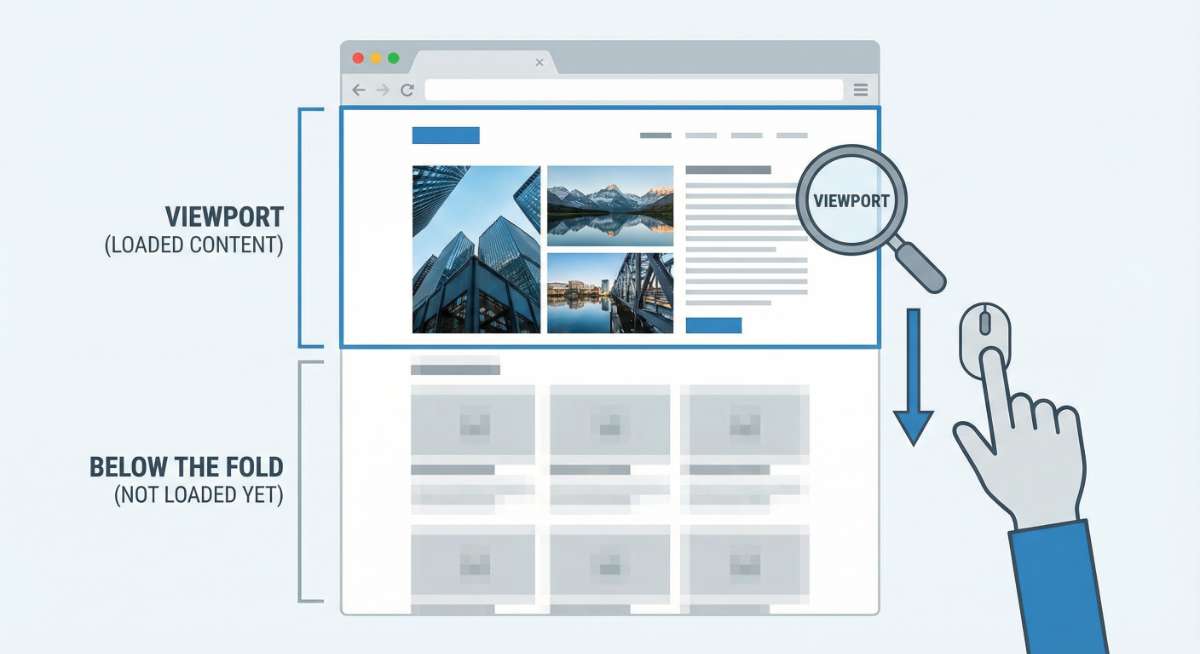Lazy Loading chỉ tải tài nguyên khi người dùng cuộn đến.