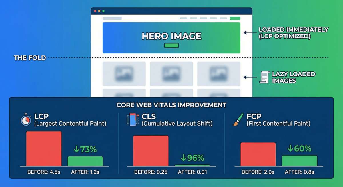 Lazy Loading giúp cải thiện LCP, giảm tài nguyên tải ban đầu