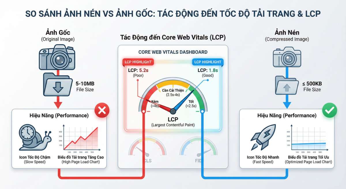Ảnh chưa nén làm tăng thời gian tải trang, kéo LCP xuống mức kém