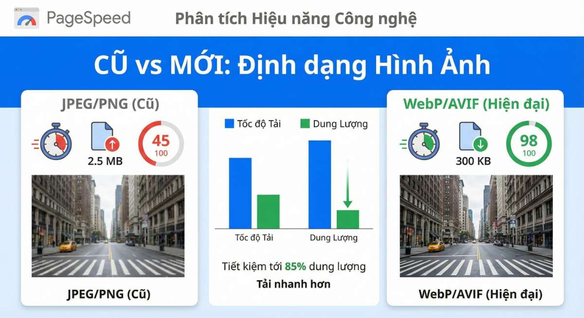 WebP/AVIF giảm dung lượng mạnh, giúp tăng tốc độ tải và cải thiện Core Web Vitals