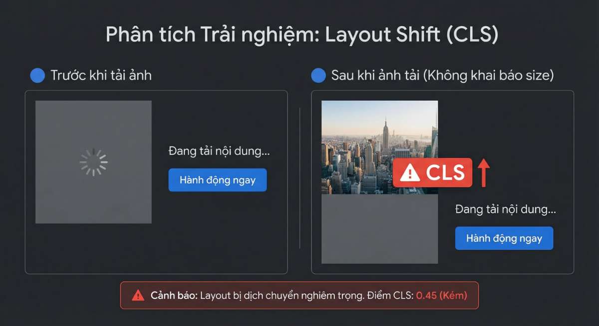 Thiếu width/height gây layout shift, làm tăng CLS và giảm trải nghiệm người dùng