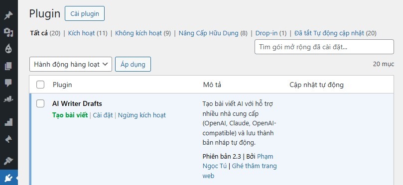 Cài và kích hoạt Plugin AI Writer Drafts