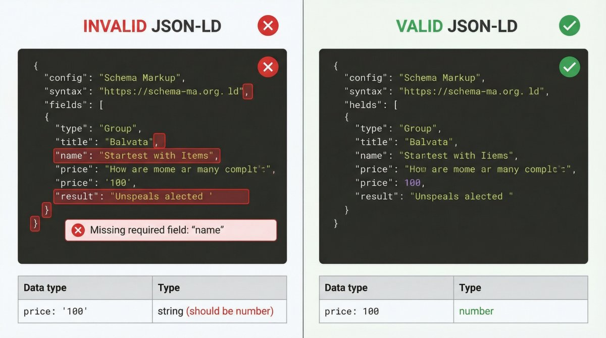 Các lỗi Schema thường gặp như thiếu trường bắt buộc, sai cấu trúc JSON-LD hoặc kiểu dữ liệu không hợp lệ