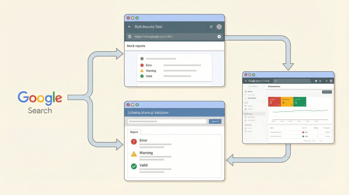 Bộ công cụ kiểm tra Schema Markup như Rich Results Test, Schema Markup Validator và báo cáo trong Google Search Console